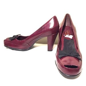 Maroon, peep toe heel.
